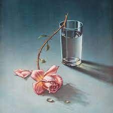 a painting of a glass with water and pink flowers in it next to a branch