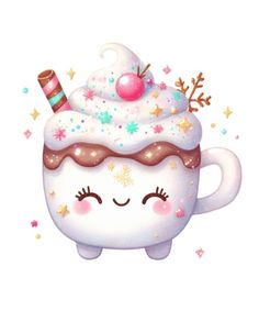 an ice cream sundae with stars and sparkles on it's head, in the shape of a mug