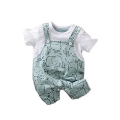 Unisex Cute Elephant Print Romper Green Short Sleeve Sets With Buttons, Green Cotton Sets With Buttons, Green Summer Sets With Button Closure, Green Cartoon Print Summer Sets, Casual Playtime Sets With Buttons, Cute Yellow Dresses, Comfy Romper, Stylish Baby, Cute Elephant