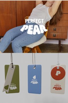 a woman sitting in a chair with four tags hanging from it's sides and the words perfect pear on them