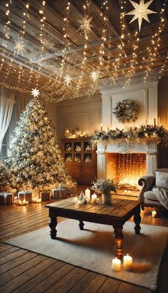 a living room decorated for christmas with lights on the ceiling and a tree in the corner