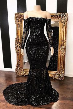 Fabulous Long Sleeve Sequins Mermaid Prom Dresses - Prom Dresses Wedding Dress Mermaid Lace, Black Long Sleeve Prom Dress, Prom Dresses Long Black, Sequins Prom Dress, Sweep Train Prom Dress, Prom Girl Dresses, Long Sleeve Prom, Sequin Prom Dress, Black Prom Dress