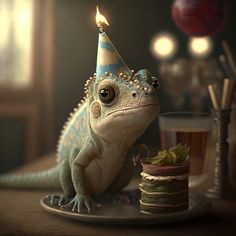 a lizard with a birthday hat sitting on top of a plate