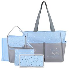 a blue and gray bag with stars on the front, two purses and one wallet