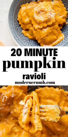 pumpkin ravioli in a bowl with a fork