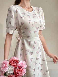 Floral Print Round Neck Side Cross Tie Waist Dress Pink Casual  Short Sleeve Fabric Floral A Line Non-Stretch  Women Clothing, size features are:Bust: ,Length: ,Sleeve Length: Cute Floral Dresses Short, Silk Short Dress Outfit, Sleeve Design For Dress, Chifon Dress, Simple Long Dress, Soft Feminine Outfits, Satin Formal Dress, Sunday Dress, Fancy Dresses Long