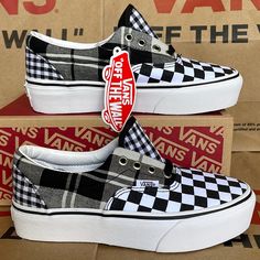 New In The Box Authentic Womens Vans Era Platform Plaid Checkerboard Black/True White Sneakers - Athletic Shoes #Skateboarding