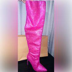 Brand New Pink W/ Rhinestone Steven Madden Boots Sz 9 Embellished Pink High Heel Boots, Pink Embellished High Heel Boots, Party Boots With Bling And Round Toe, Party Boots With Bling, Embellished Pink Boots For Evening, Embellished Pink Evening Boots, Party Heeled Boots With Rhinestones And Round Toe, Round Toe Heeled Boots With Rhinestones For Party, Fitted Pointed Toe Boots With Bling