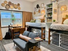 a living room filled with furniture and lots of shelves next to a bedroom window covered in pictures