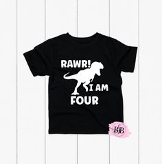 Rawr I'm Four, Dinosaur Birthday, 4th Birthday Shirt, 4th Birthday, Dinosaur Shirt, Fourth Birthday Shirt Boy, Rawr I'm Four Shirt, Dinosaur The design is adhered to the shirt with a premium professional heat press for optimum quality! I use TOP Quality Shirts. The shorts are NOT INCLUDED with this purchase.  The shirts are VERY SOFT!! The shirts are true to size. Shirts ship out within 1 business days (MON-FRI) or less and take an additional 2-5 days to arrive. Each shirt is custom and made spe Three Dinosaur Birthday, Birthday Dinosaur Shirt, Third Birthday Shirt, Cookie Monster Birthday, Dinosaur Tee, Birthday Dinosaur, 2nd Birthday Shirt, 1st Birthday Shirts, First Birthday Shirts