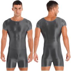 Features: Mens Glossy Short Sleeve Round Neck Bodysuit Swimwear. Made of soft fabric. breathable. skin-friendly. comfy to touch and wear. Solid color bodysuit. classic round neck and short sleeve. slim fit. Great for sport. yoga. beach. swimming. and various water activities. hand wash cold recommend.Size Chart Tag No. Bust Shoulder L 29.1-37.8''/74-96cm 14.2''/36cm XL 30.7-39.4''/78-100cm 15.0''/38cm SPECIFICATIONS:Origin: Mainland ChinaMaterial: Stretch & Spandex.nylon.SpandexMaterial: 90% Nyl High Stretch Short Sleeve Unitard, Solid Color Stretch Unitard With Short Sleeves, Gray Short Sleeve Summer Bodysuit, Fitted Short Sleeve Sports Bodysuit, Fitted Sports Bodysuit With Short Sleeves, Fitted Short Sleeve Bodysuit For Sports, Casual Short Sleeve Sports Bodysuit, Casual Short Sleeve Bodysuit For Sports, Birthday Club Outfit