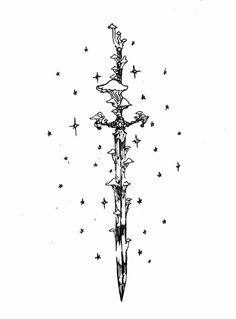 an ink drawing of a cross with stars on the side and one star in the middle