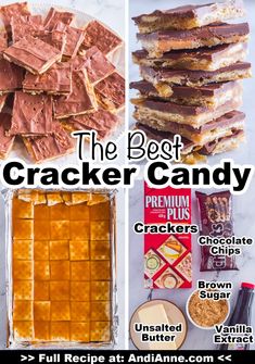 the best cracker candy recipe is shown in this collage with ingredients to make it