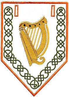 an orange and white patch with a golden harp on it's side, surrounded by celtic knots