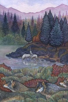 a painting of three animals in the woods