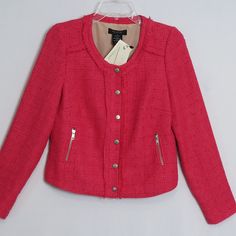 Nwt Mm Couture By Miss Me Hot Pink Tweed Zip Snap Long Sleeve Jacket Size S. Bust Is 36" And Rear Center Length Is 19". 100% Polyester Fully Lined With 100% Polyester. Zip Front With Silver Snap Closure. Long Sleeves Have 4" Zipper Cuffs. Two Front Zippered Pockets. Gorgeous Designer Styling In A Vibrant Hot Pink Shade. Boucle Tweed With Fringed Edges. New With Tags. Spring Tweed Outerwear With Buttons, Tweed Outerwear With Buttons For Spring, Fitted Tweed Outerwear For Spring, Spring Tweed Outerwear For Work, Spring Tweed Workwear Outerwear, Pink Tweed, Couture Jackets, Pink Shade, Long Sleeve Jacket