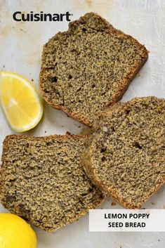 three slices of lemon poppy seed bread on top of a cutting board next to two lemons