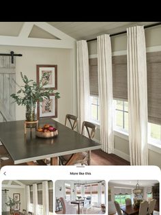 an image of a dining room and living room with curtains on the window sill