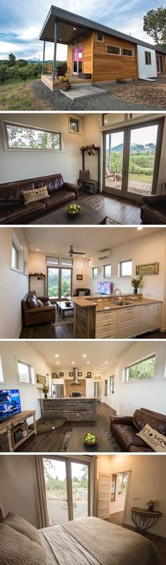 four different views of a living room and kitchen in a tiny cabin style home with open floor plans