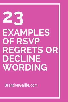 the words 23 examples of rsvp receipts or decline wording on pink background