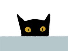 a black cat with yellow eyes peeks out from behind a white wall and looks over the edge