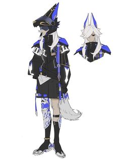 an anime character is dressed in black and blue