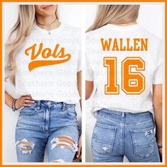 Unisex sizing This shirt features a Vols sporty design on the front, and Wallen with a 16 on the back. The design is done with direct to film.  SIZING Keep in mind that this is a unisex item, please refer to the size chart provided in order to find the size that will work best for you. For an oversized fit, remember to size up. RETURNS AND EXCHANGES Every item from SouthernGoods is custom printed after your order. As a result, we cannot offer returns or exchanges for any items of incorrect size. White T-shirt For Summer Fan Gear, Orange Tops For Fan Gear With Team Spirit, Orange Letter Print Tops For Game Day, Orange Team Spirit T-shirt With Letter Print, Orange T-shirt With Team Spirit Letter Print, Sporty Orange T-shirt For College, Orange Graphic Print Top For College, Collegiate White T-shirt With Name Print, White Varsity Tops With Name Print