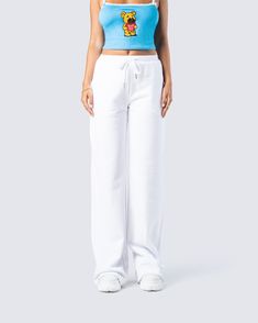 Sweatpants, hair tied, chillin' with no makeup on - that really is when you're the prettiest 😻 The perfect straight-leg white sweatpants for any vibe you're going for 🕊 Relaxed White Leisure Bottoms, Trendy Summer Sweatpants For Leisure, Trendy Summer Leisure Sweatpants, Comfortable White Straight Leg Pants, Relaxed White Cotton Sweatpants, White Wide Leg Sweatpants For Summer, Casual White Wide Leg Joggers, White Wide-leg Sweatpants For Summer, Casual White Wide-leg Joggers