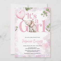 it's a girl baby shower card with an elephant holding a heart shaped balloon