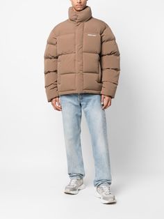 Luxury Brown Long Sleeve Utility Jacket, Luxury Brown Down Puffer Jacket, Farfetch Jacket, Luxury Brown Puffer Jacket With Pockets, Beige Long-sleeved Puffer Jacket With Padded Collar, Axel Arigato, City Shorts, Logo Items, Balenciaga Triple S