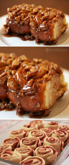 cinnamon roll cake on a white plate with caramel drizzled in the middle