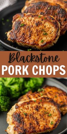 black stone pork chops on a plate with broccoli