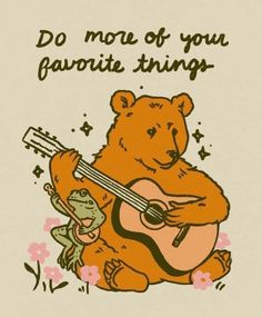 there is a bear playing the guitar and frog sitting on it's lap,