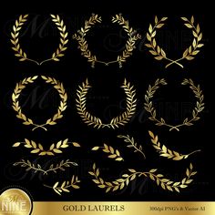 golden laurels and wreaths on black background with gold foil effect, digital clipart