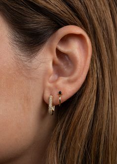 Our smallest hoop earring features a straight-back post with a mini cz that adds a pop of color. The hoop hugs the ear and can be worn anywhere. Tarnish Free - Long lasting protective coating safeguarding your jewelry from sweat, water, and more.Sterling Silver Posts – 18K gold plating over brassHypoallergenic – Lead FreeBlack CZ stone 2mm stone 7mm hoop opening Hoop Light, Golden Hoops, Everyday Elegance, Mini Hoop Earrings, Cz Earrings, Modern Square, Square Cut, Gold Hoop, Cz Stone