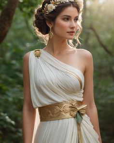 Greek Dresses Style Ancient Greece, Ancient Greek Clothes Aesthetic, Greek Dresses Goddesses, Ancient Greece Inspired Outfits, Greek Mythology Dresses, Greek Fantasy Outfit, Athena Aesthetic Outfits, Greek Godesses Outfit