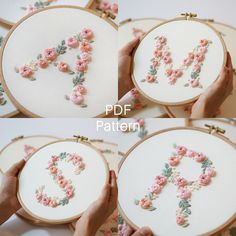 two pictures showing how to make an embroidered monogram with pink flowers and green leaves