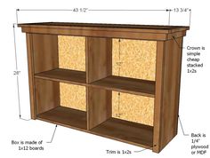 an image of a bookcase with measurements for the top and bottom shelves on it