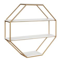 a gold and white shelf with two shelves on each side, in the shape of a hexagonal pentagon