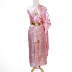 "This is Asian traditional dress is made from synthetic silk for top and skirt (adjust size by hook), length 36 inches. This dress set including with one sabai and one sarong . It is very unique and easy to wear. This item we have 2 type size. 1. Standard size Waist 23-30\" Hip max. 37 \" 2 Plus size Waist \" up to 42\" Hip up to 46\" Item not include blouse, jewelry, or accessory Note: - Each item may have very slight variances and imperfections due to the handmade process - The actual color ma Traditional Pink Ceremony Dress, Lao Clothing, Traditional Thai Dress, Laos Clothing, Thai Wedding Dress, Thai Clothes, Thai Wedding, Sarong Skirt, Thai Traditional Dress