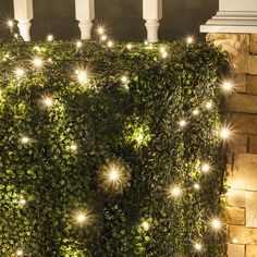 a wall covered in lights next to a building