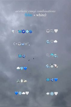 blue and white hearts are floating in the air on a cloudy day with words above them