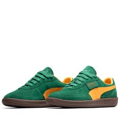 Suede/Textile upper Leather formstrip Gold foiled and debossed PUMA branding on quarter Rubber midsole and outsole Color: Vine/Clementine Style: 396463 05 Orange Leather Sneakers With Gum Sole, Green Sneakers With Leather Sole For Streetwear, Green Leather Sole Sneakers For Streetwear, Green Casual Sneakers With Leather Sole, Casual Green Sneakers With Leather Sole, Casual Orange Sneakers With Leather Sole, Puma Palermo, Cazal Sunglasses, Air Jordan 12 Retro