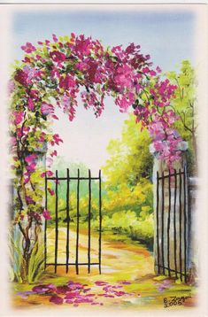 a painting of an open gate with pink flowers on the outside and green trees in the background