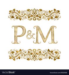 the letter p and m in gold color with floral ornament pattern on white background