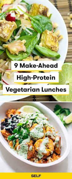 different types of salads with the words 9 make - ahead high protein vegetarian lunches