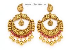 22 Karat Gold 'Lakshmi Peacock' Drop Earrings (Chand Bali) With Beads (Temple Jewellery)  - 235-GER8342 - in 14.250 Grams for USD $1244.24. 
Made in India by Totaram Jewelers Online this product is in Gold - 22 Karat BIS Hallmark 916 KDM Gold  & is an excellent gift for Adult - Women. Ships fully insured with secured guaranteed delivery for free with your order over $250 from New Jersey USA & comes with 30 days exchange policy. Indian Gold Jewellery Design, Chand Bali, Temple Jewellery Earrings, Indian Gold Jewelry, Gold Earrings Indian, Gold Temple Jewellery, 22k Gold Jewelry, Long Gold Earrings, Dangle Hoop Earrings