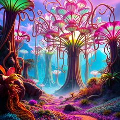 an image of a fantasy forest with trees and flowers in the foreground, surrounded by purple