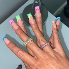 Colorful French Tip Nails Square Long, French Tip Acrylic Nails Different Colors On Each Hand, Mismatched Acrylic Nails, Cute Holiday Nails Summer, Bright Summer Acrylic Nails Square, 2 Different Color Nails On Each Hand, Multi Color French Tip Nails, Color Full Nails, Different Color French Tip Nails