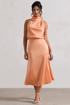 Geena | Peach Satin Twisted High-Neck Midi Dress High Neck Midi Dress, Club L London, Black Dress Prom, Black Tie Gala, Peach Dress, Graduation Ceremony, Cowl Neckline, Invisible Zip, Special Moments